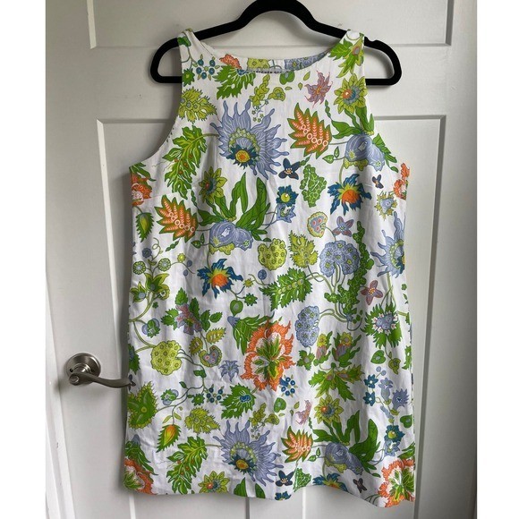 Gretchen Scott Sleeveless Cotton Shift Dress XL Resortwear Floral Lined Pockets