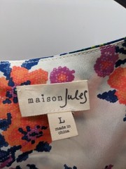 Maison Jules Dress Womens L Beige White Floral Short Sleeve Peplum Casual Flare
