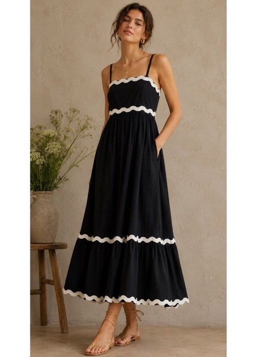 Sim & Sam Resort Coastal Ric Rac Midi Dress XS Black White