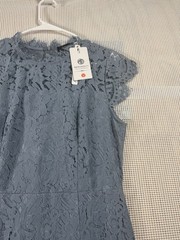 (671) MEROKEETY Women Lace Cocktail Dress Blue Gray Midi Sheath Size M NWT