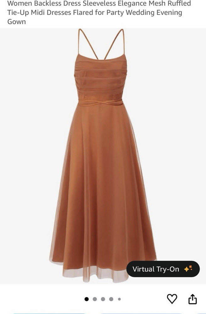 Brown/Rust Solid Mesh Backless Sleeveless Ruffle Tie-Up A-Line Midi Dress M