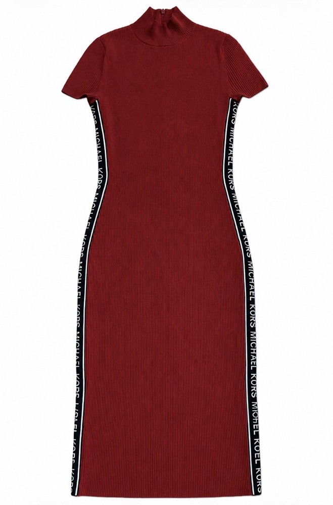 MICHAEL KORS Logo Tape Ribbed Knit Midi Dress Scarlet Red Mock Neck Small S