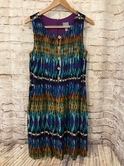 Rabbit Dress Womens 10 A Line Purple Turquoise Aztec Pleated Button Front Zip Up