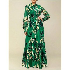 NEW – Elegant Leaf Print Belted Long Sleeve Dress, Size XL