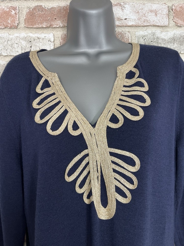 Lilly Pulitzer Devlin Sweater Shift Dress Navy Blue Merino Wool Sz L