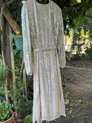 VTG Swee Lo XL 100% Silk Beaded Sequin Champagne Art Deco Evening Dress Belt