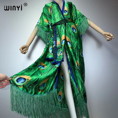 Boho Kimono Dress for Muslim Women Beachwear Tassel Detail Cardigan Style Holid