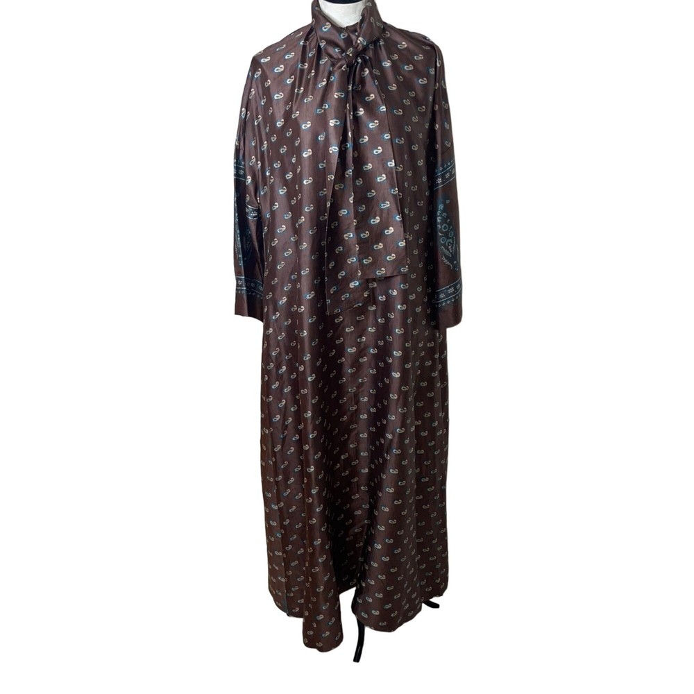 Vintage Dress Maxi Brown Custom Made Silk Womens Size Large Paisley Neck Tie Mod