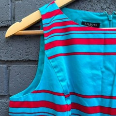 Talbots Petites 10P Striped Fit Flare A Line Dress Turquoise Blue Red Sleeveless