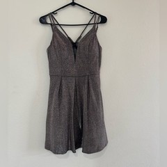 Crystal Doll Metallic Glitter V-Neck Fit Flare Dress Silver Gunmetal 7 (735)