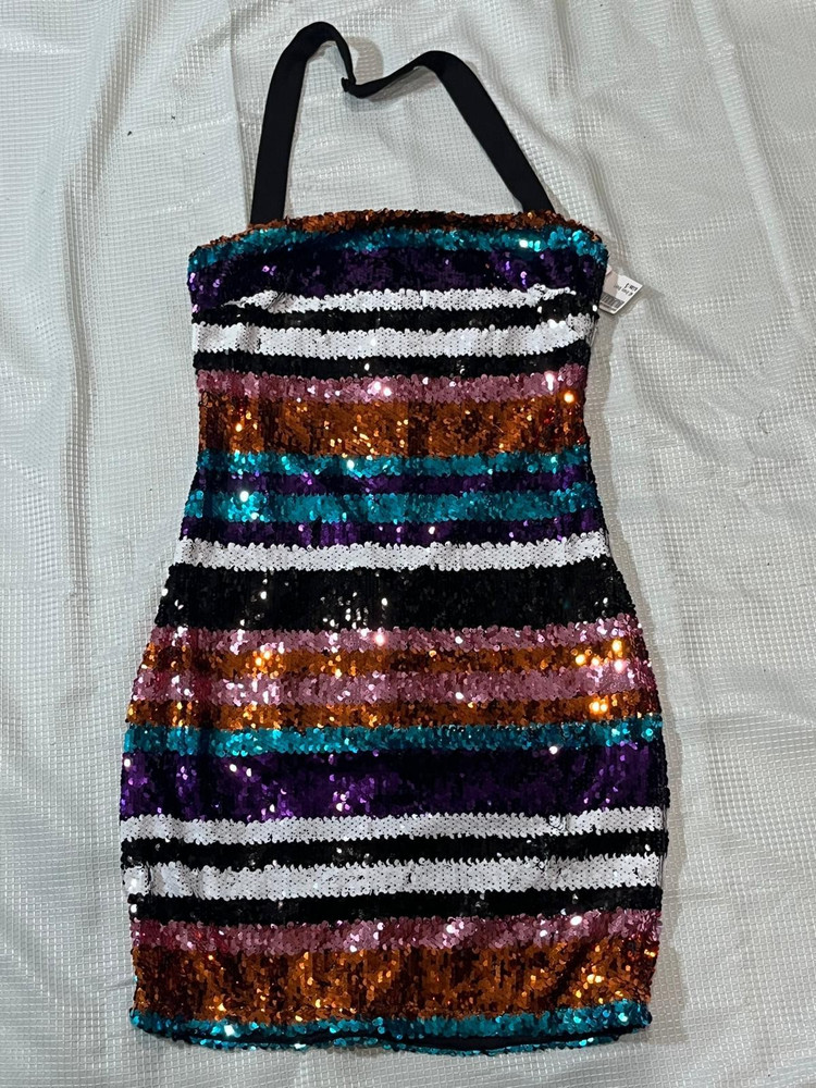 Multicolor Striped Sequin Halter Mini Dress Shimmer Party Clubwear