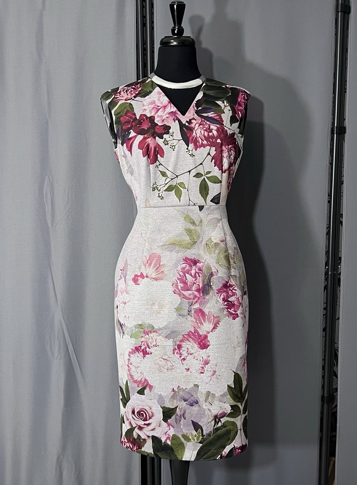 Calvin Klein Gray Floral Print V-Neck Sheath Dress Sz 8 Elegant Classic #J