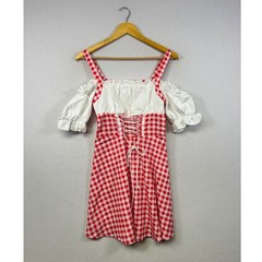 Mod Red Gingham Off Shoulder Lace Up Puff Sleeve Dress Size S NWT