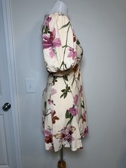 White Closet Elements Beige Tropical Linen Blend Mini Dress Puff Sleeve Small
