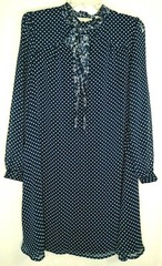 11-1 TYLHO Blue Polka Dot Keyhole Tie Neck Sheer Long Sleeve Dress Small EUC