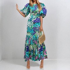 ELEGANT FLORAL A-Line Long Dress WOMEN High Waist Puff Sleeve Boho Party S-3XL