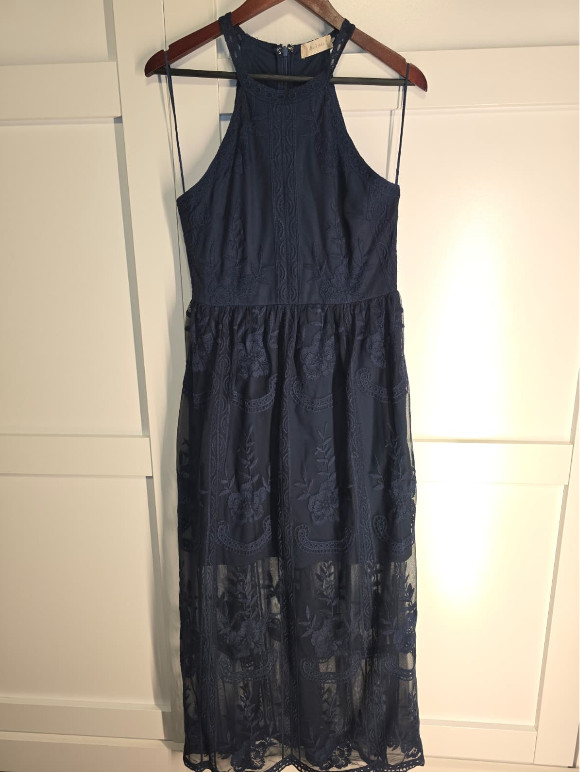 Altar&rsquo;d State Navy Embroidered Maxi Dress Womens L High Neck Sleeveless Boho