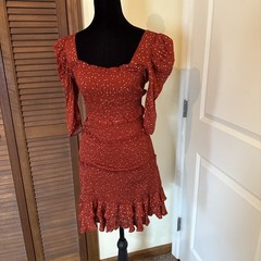 Olivaceous Smocked Puff Sleeve Mini Dress Burnt Orange Polka Dot Size Medium