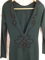 NEW VTG Andrea Jovine Dark Green Sweater Dress 100% Wool Jeweled Low Back XS WOW