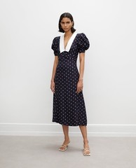 RÓHE Merel Dress Size EU 42 Size US 10/12 L Navy Blue Polka Dot Midi NWOT