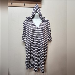 C&C California Shirt Dress 1X Hooded Striped Gray White Lightweight Plus C398