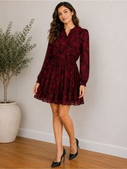 Michael Kors Red & Black Printed Tiered Mini Dress Petite Medium