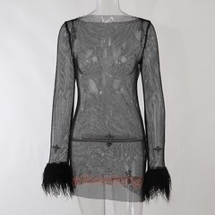 Women See Through Mesh Mini Dress Shiny Fur Fringed Full Sleeve Club Wear