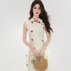 Women&rsquo;s Beige White Band Collar Summer Breathable Sleeveless Cherry Cheongsam