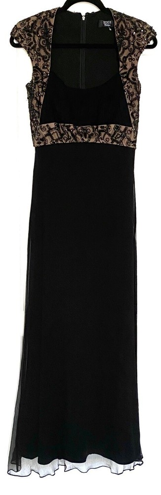 TADASHI COLLECTION Black Nude Beaded Sequin Lace Pleated Maxi Gown Dress 6 = S