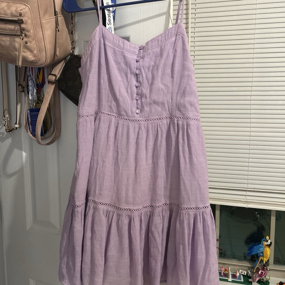 Purple Square Neck Strappy Button Front Lace Accent Solid Midi Sundress S