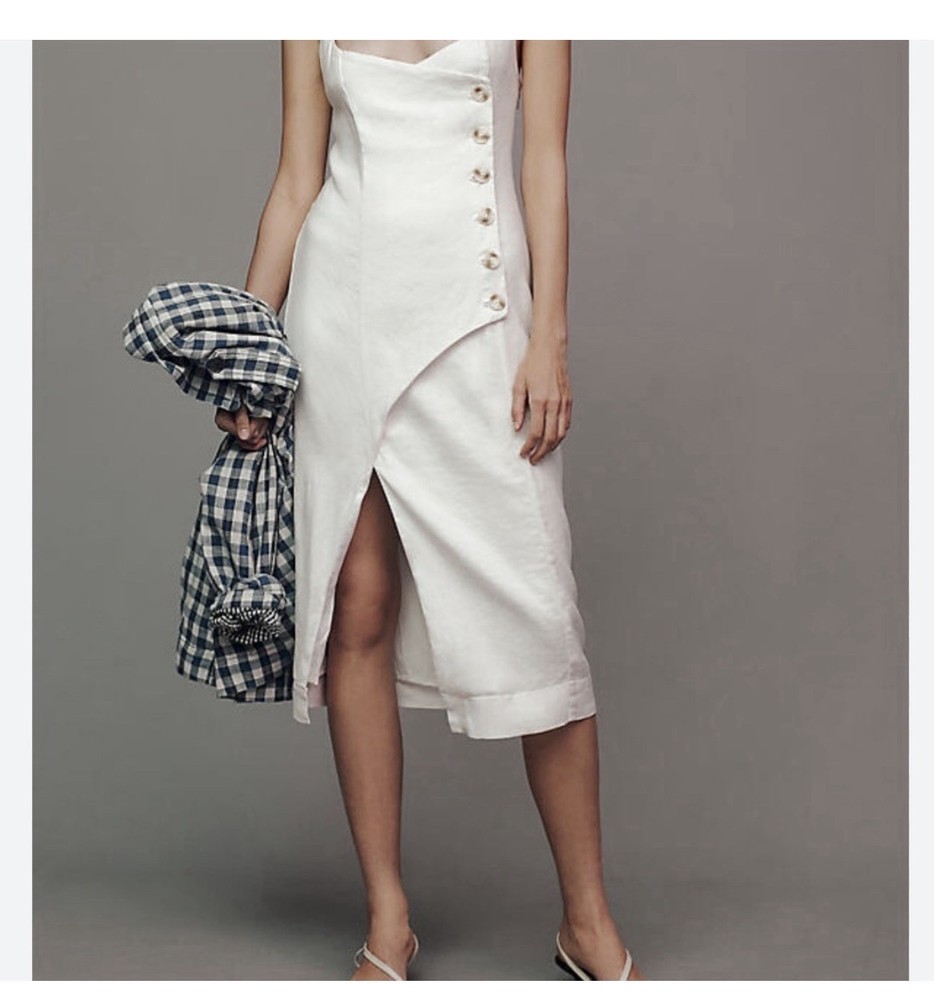 Anthropologie White Dress Square Neck Side Slit Faux Button Front L NWOT