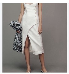 Anthropologie White Dress Square Neck Side Slit Faux Button Front L NWOT