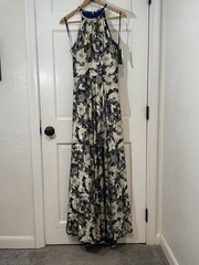 NWT Betsy & Adam Navy Gold Floral Halter Maxi Dress Sleeveless A24360 Size 6