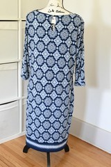Liz Claiborne Navy White Blue Floral Medallion Print Midi Dress 3/4 Sleeve XL