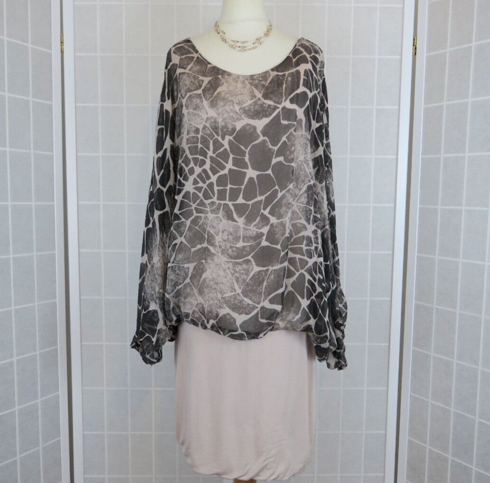 H Trend Made In Italy Blouson Dress Size S Grey Beige Animal Print Silk/Jersey