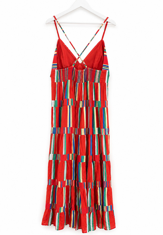 J Crew Red Multicolor Striped Tiered Cotton Maxi Dress V-Neck Boho Sundress Sz S