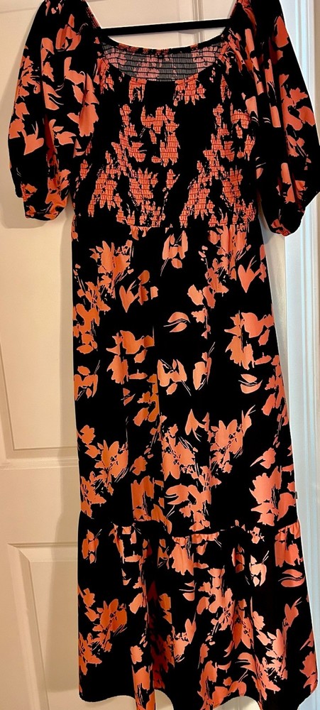 Women’s Black & Pink Floral Maxi Dress Smocked Top Puff Sleeves XL $25