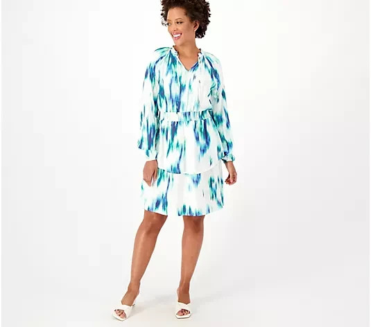 Candace Cameron Bure Printed Woven Mini Dress-Blue Jade-XL-NEW-A593161