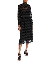 Tory Burch Velvet Dot Mock-Neck Long-Sleeve Devore Burnout Midi Dress 8 (NOSLIP)