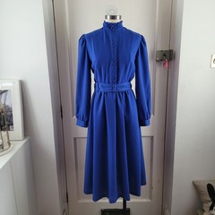 Marion Donaldson Vintage Deep Blue Wool Midi Dress Belted Pockets 10 12 Uk