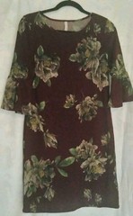 Burgundy Floral Romantic Modcloth Mini Shift Dress XL W/Bell Flutter Sleeves.