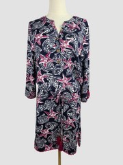 Tracy Negoshian Dress Large Blue Pink Shell Starfish Print Tropical Pom Pom Trim