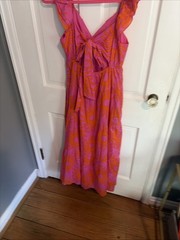 J.Marie Womens Size Medium Orange Pink Sun Mara Ruffle Strap Tie Back Midi Dress