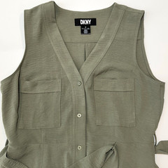 DKNY Sleeveless Button Front Belted Dress Pockets Olive Green Women&rsquo;s 12 Utility