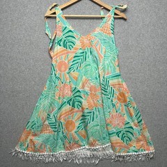 Kenny Flowers Womens Tropical Sun Palm Mini Dress Cotton Pom Pom Fringe Small