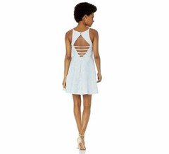 Speechless Junior Womens 11 Nude Blue Sleeveless Bonded Lace Fit Flare Dress NWT