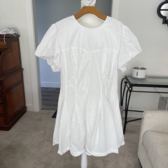 Anthropologie Maeve Puff-Sleeve White Mini Dress Size L Baby Doll Coastal Party
