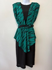 Vintage 80s On the Rocks California Green & Black Peplum Dress 9/10 Belted