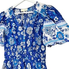 Pinch NWOT Blue Floral Fit & Flare Puff Sleeve Mini Dress Size M Smocked Waist