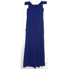 Ignite Evenings Off the Shoulder Ruffle Drape Slit Crepe Gown Blue Size 16 $239